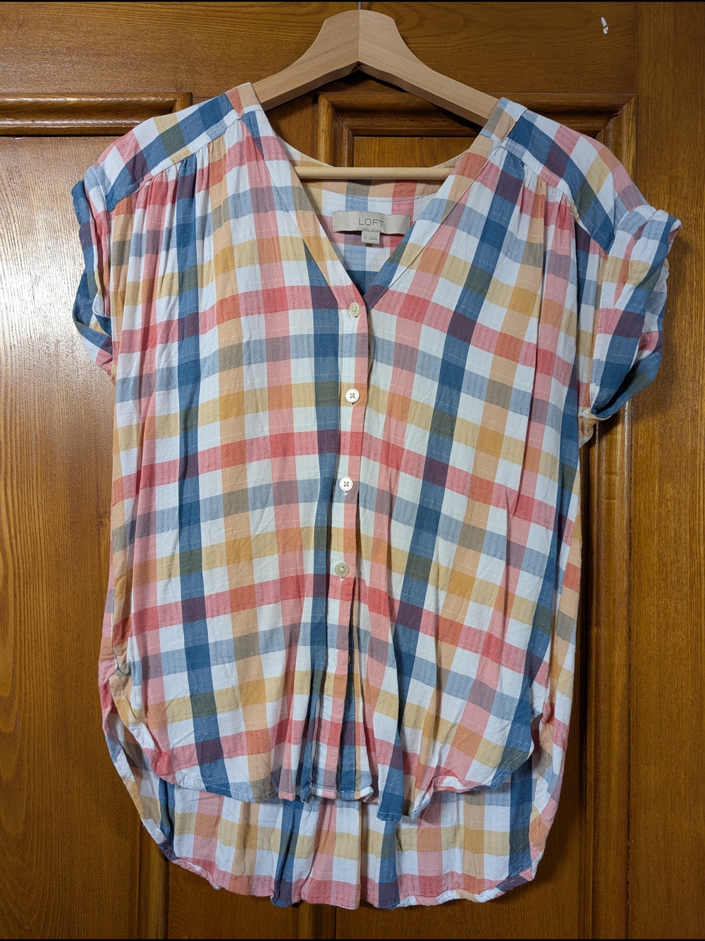 LOFT Multicolor Plaid Short-Sleeve Button-Front Blouse